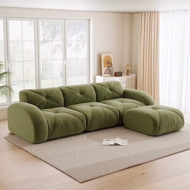 Divano modulare ad angolo 281x171x76 cm in ciniglia con schiuma 32D; verde