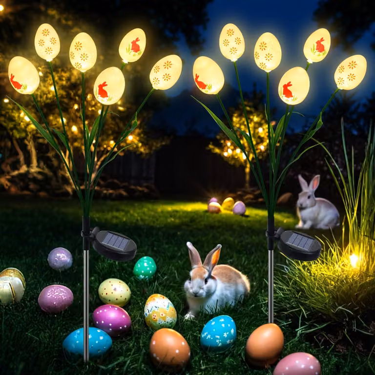 Set di 2 lampade solari a tema pasquale, con 12 LED, decorate con uova di Pasqua e motivi a conigli, impermeabili