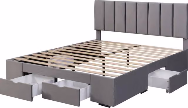 Letto matrimoniale imbottito 160x200 cm in velluto grigio con rete a doghe e 4 cassetti