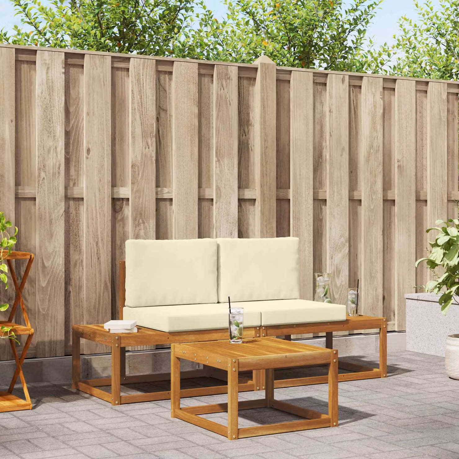 Set di divani da esterno moderno vidaXL in legno di acacia, 3 pezzi, colore naturale beige e marrone
