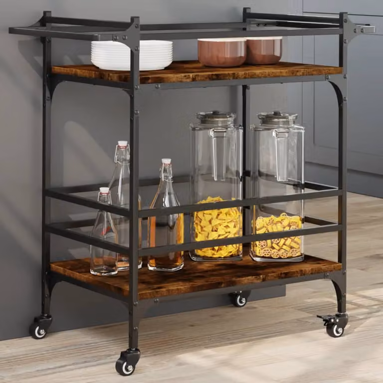 vidaXL Carrello da Cucina in Legno Rovere Fumo con Ruote, Stile Industrial, L 82 cm x P 40 cm x H 78,5 cm