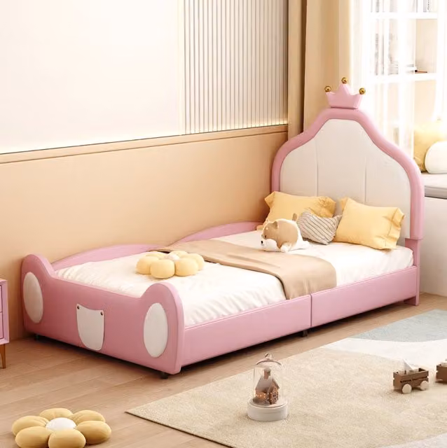 Letto singolo imbottito ULEVR 90x200 cm con testiera a corona, similpelle rosa e bianca