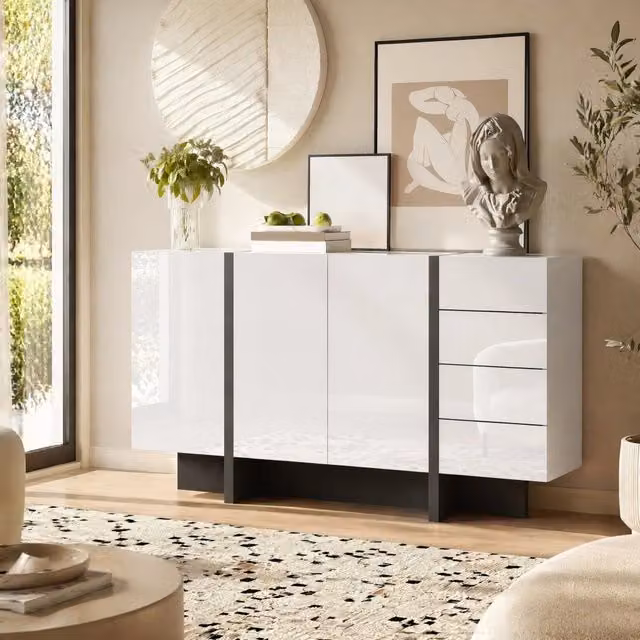 Sideboard bianco lucido con 2 ante e 4 cassetti; 150x40x80;5 cm; MDF e truciolare