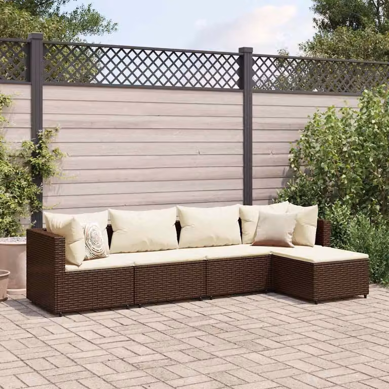 Set di divani da giardino vidaXL a forma di L composto da 5 pezzi con cuscini e pouf, colore marrone e bianco, in rattan e metallo con struttura in acciaio verniciato a polvere