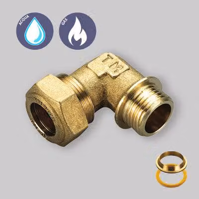 RACCORDO CURVO MASCHIO A COMPRESSIONE CON O-RING GIALLO PER GAS TIEMME Ø22 x 3/4"
