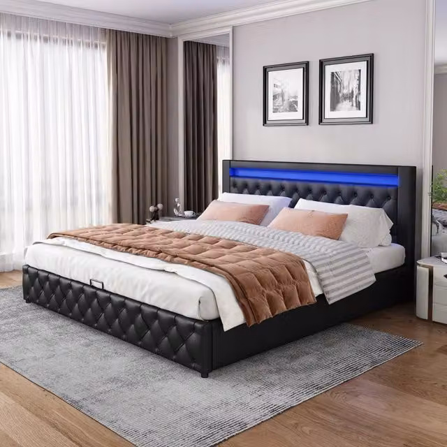Letto Matrimoniale LED - Xylo - 140x200cm, Schowek, Nero