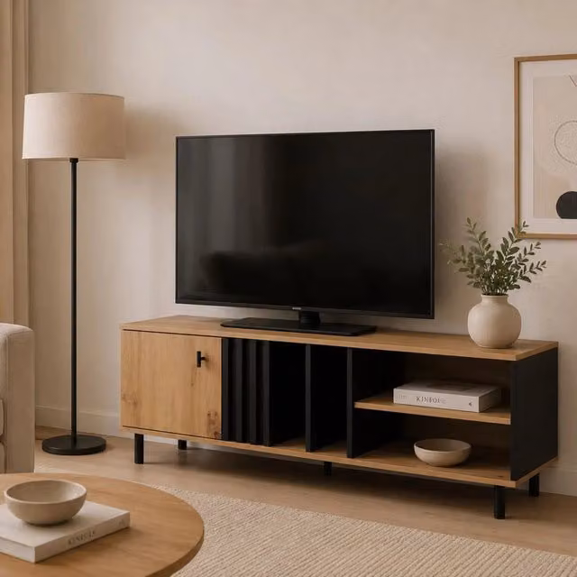 Mobile porta TV Kali DMORA con 2 ripiani in legno marrone rovere nodi L 138 cm x P 40 cm x H 49 cm – 1