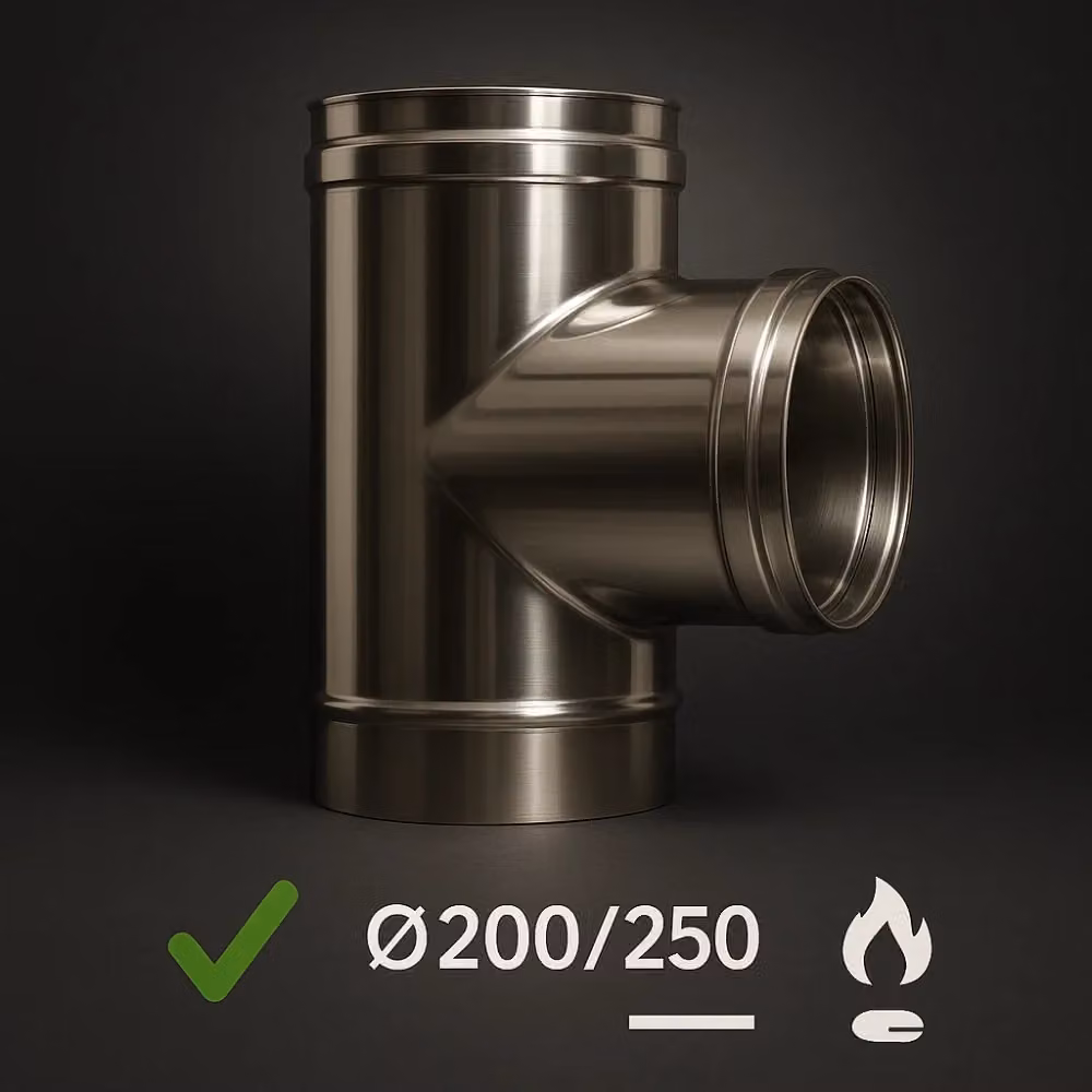 Raccordo a T 90 gradi doppia parete in acciaio inox per canale fumo e canna fumaria, colore argento, spessore 0,5 mm, misura Ø 200/250 mm – 2