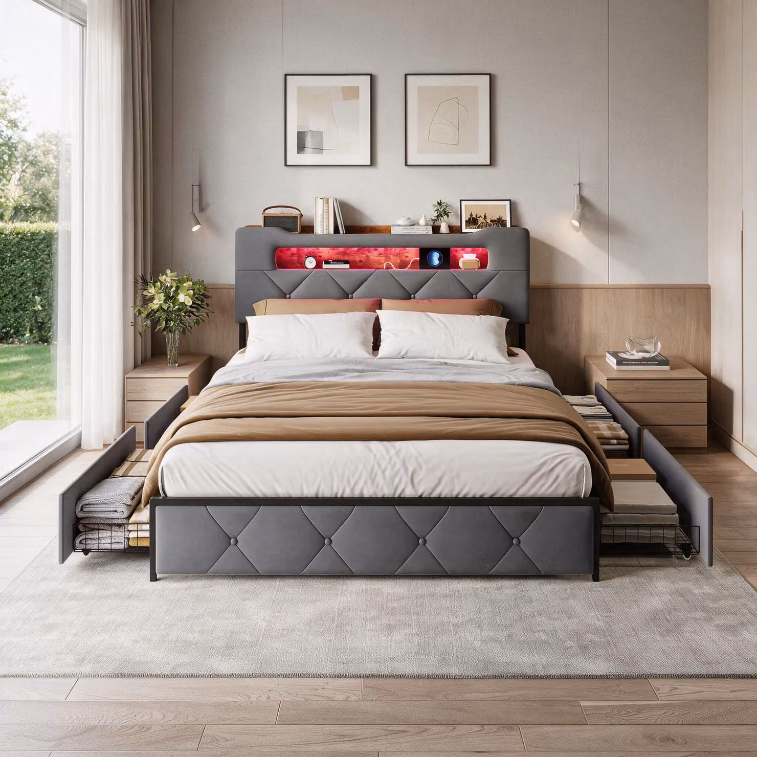 Letto imbottito INONEFT, 140x200 cm, con illuminazione LED e prese USB, 4 cassetti, letto singolo per ragazzi con spazio contenitivo, testiera imbottita, tessuto in flanella, colore grigio