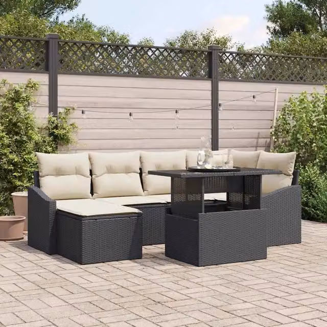 Set Divano da Giardino 7 pz Nero e Crema 3357770