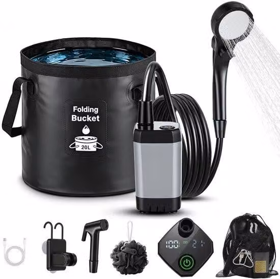 Doccia portatile da campeggio, 6000 mAh, 20 litri, impermeabile, con soffione rimovibile, ideale per giardino, tenda, cani e spiaggia