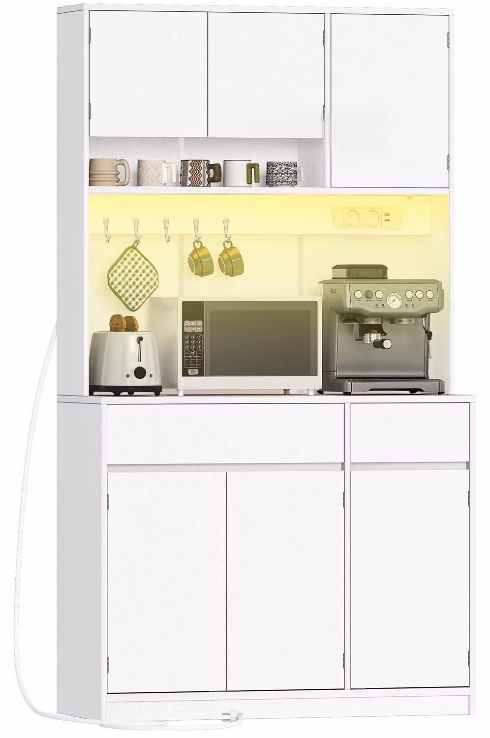 Mobiletto da cucina, credenza, cassettiera con prese elettriche, luci a LED, piano di lavoro, 2 cassetti, 40x100x180 cm, bianco