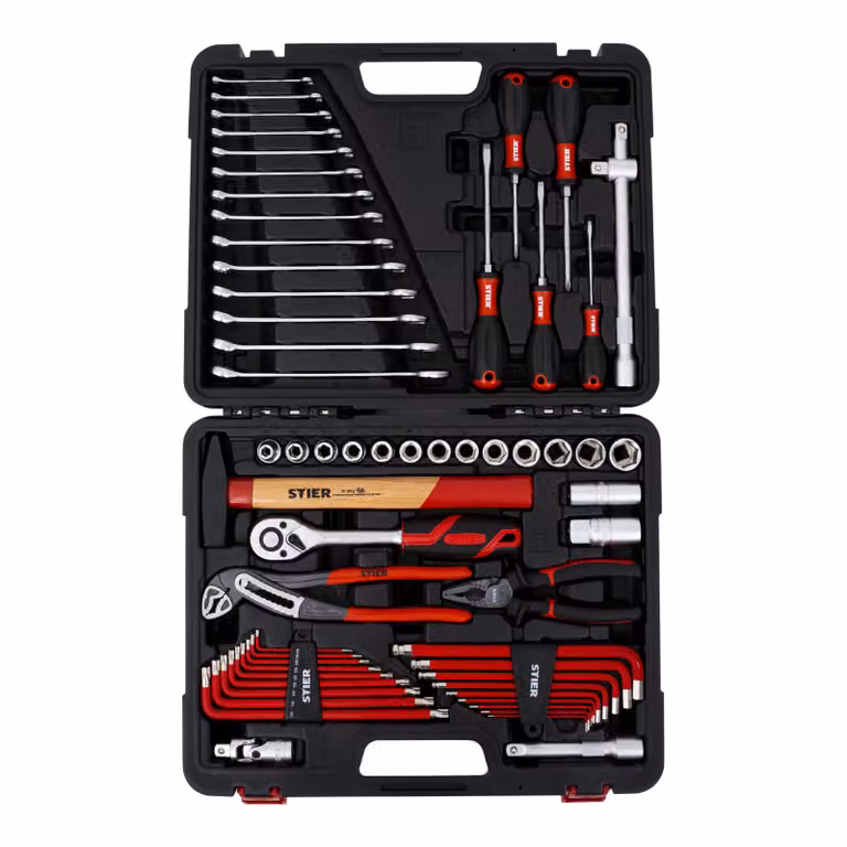 Valigetta STIER con assortimento di utensili da 60 pezzi, incluso cricchetto reversibile, dotato di martello, chiave aperta, pinze, cacciavite, chiave a bussola, set di bit