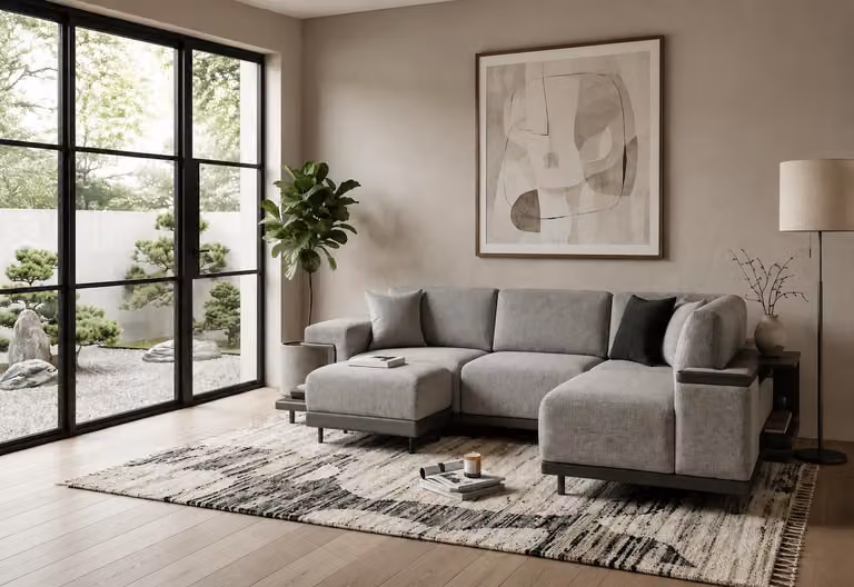 Divano angolare elegante a forma di L, ideale per un ambiente moderno