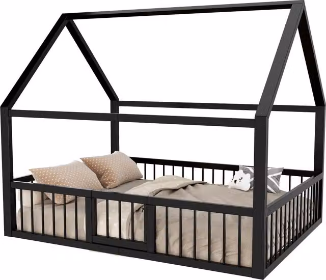 Letto casetta per bambini in metallo nero con sponde e sportello L/P/H: 200 x 140 x 144 cm