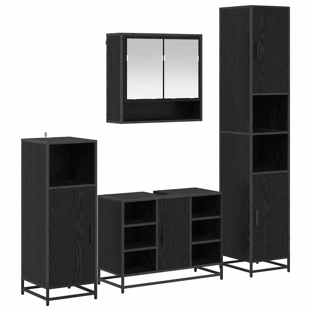 Set di mobili per il bagno moderno vidaXL 4 pezzi in rovere e nero con armadietto a specchio, mobile lavabo, mobile laterale e colonna alta – 2