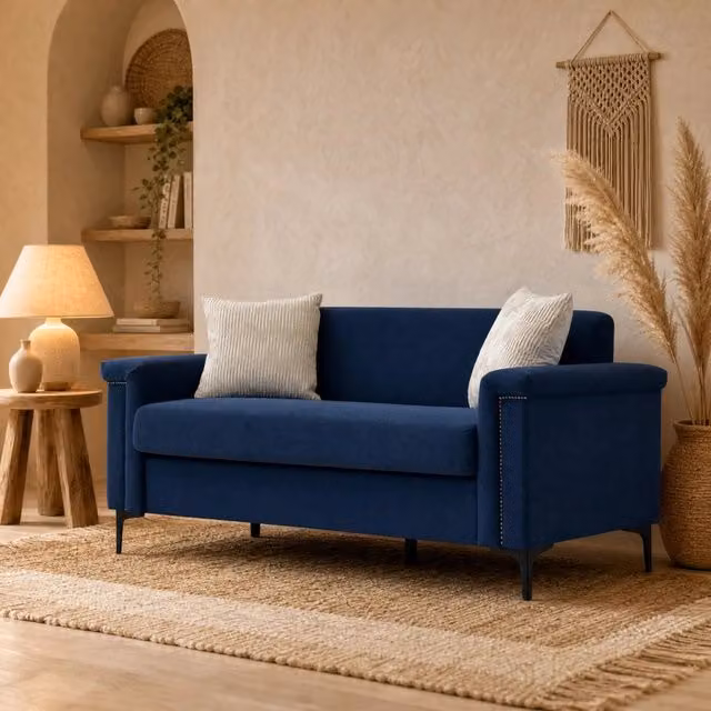 Divano a 2 posti MIVRAY in tessuto blu con stile scandinavo e imbottitura mista, L: 172 cm, P: 73,5 cm, H: 2 cm
