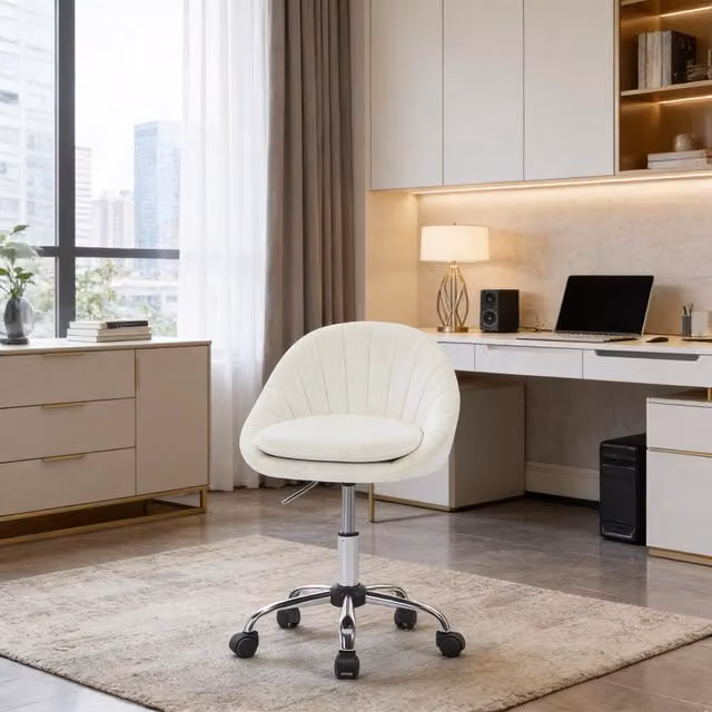 Sedia da ufficio ergonomica OKWISH in velluto beige con altezza regolabile, base in metallo e rotelle