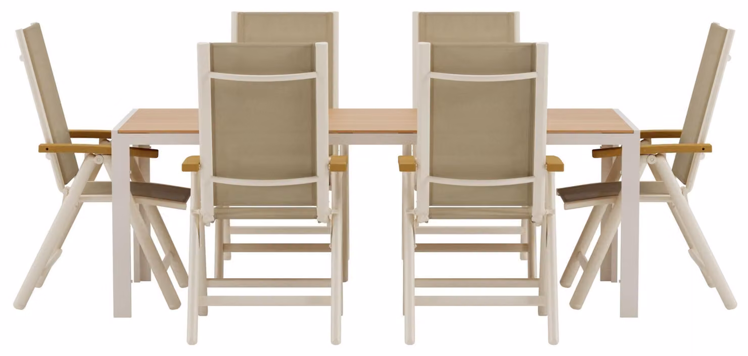 Set da giardino Break, tavolo 90x200 cm, colore naturale, 6 sedie beige.