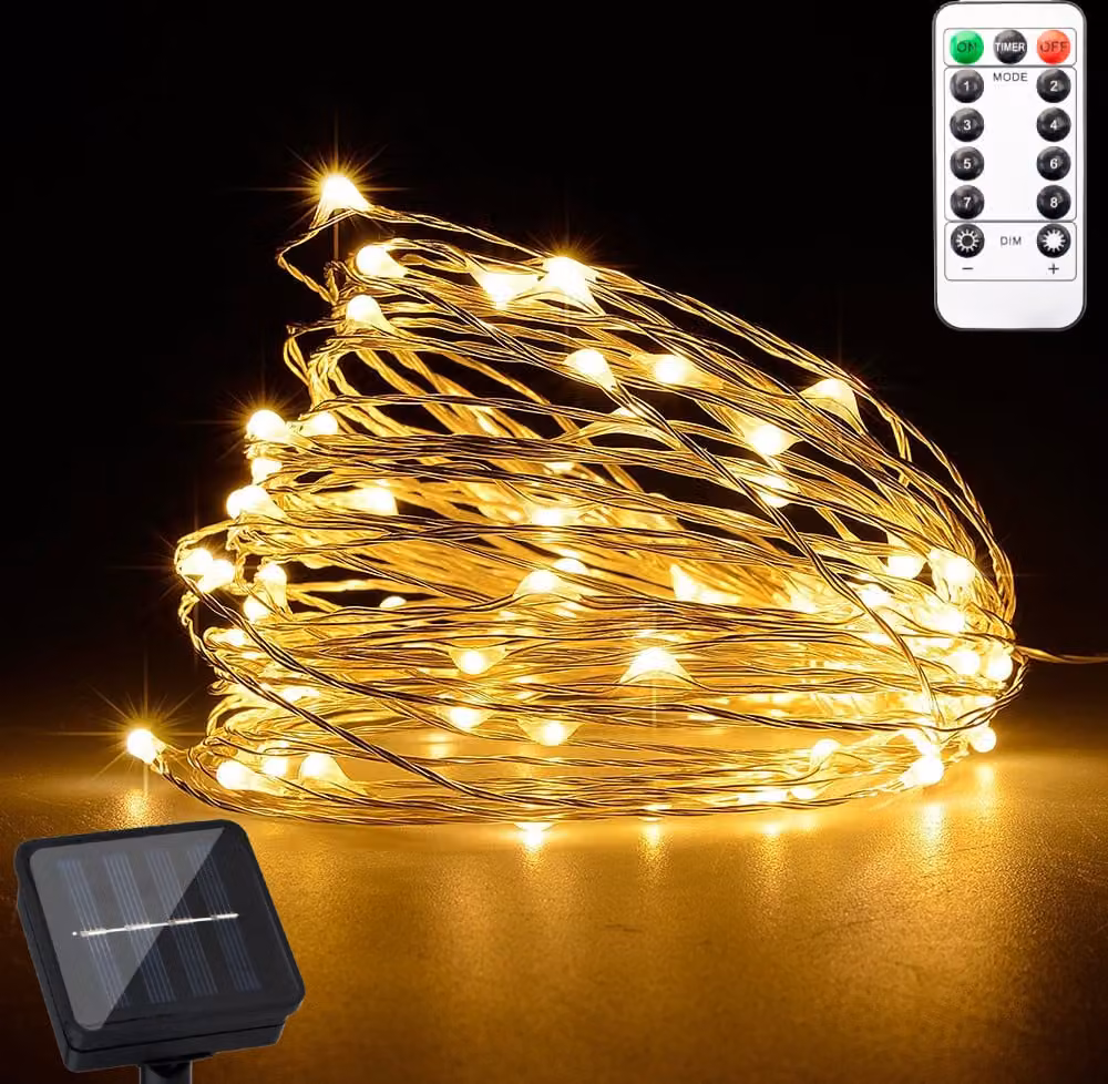 LUMILED Faro solare filo 20M LED mini luce filo di rame 200 LED con telecomando IP44 bianco caldo fari solari dimmerabili rame giardino