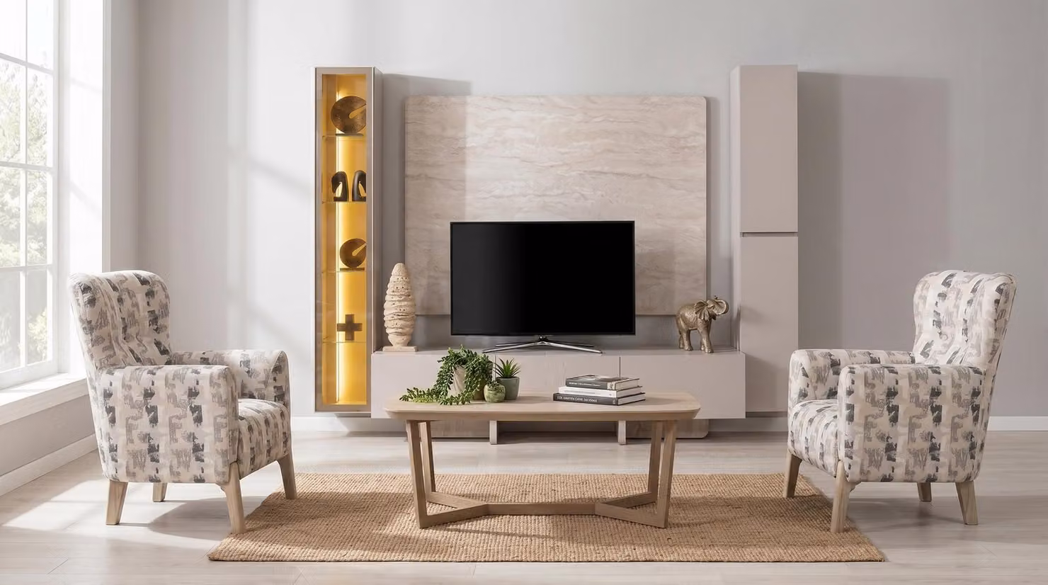 Elegante set per soggiorno, composto da parete attrezzata per la TV, 2 poltrone e tavolino
