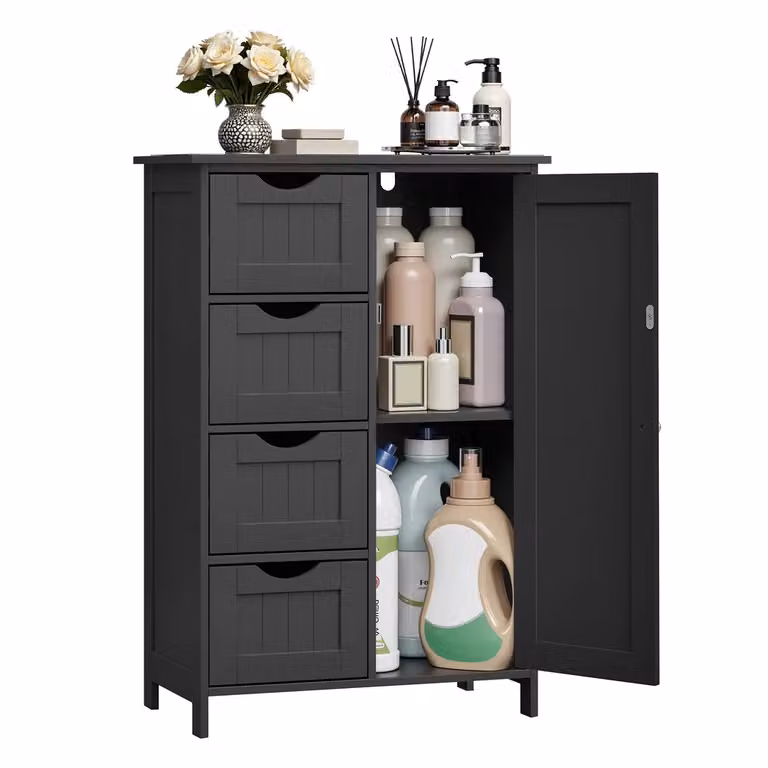 Mobile da Bagno Bagno Stretto con Cassetti Anta Ripiano Regolabile, Nero Inchiostro / Con 4 Cassetti (30P x 55l x 82H cm)