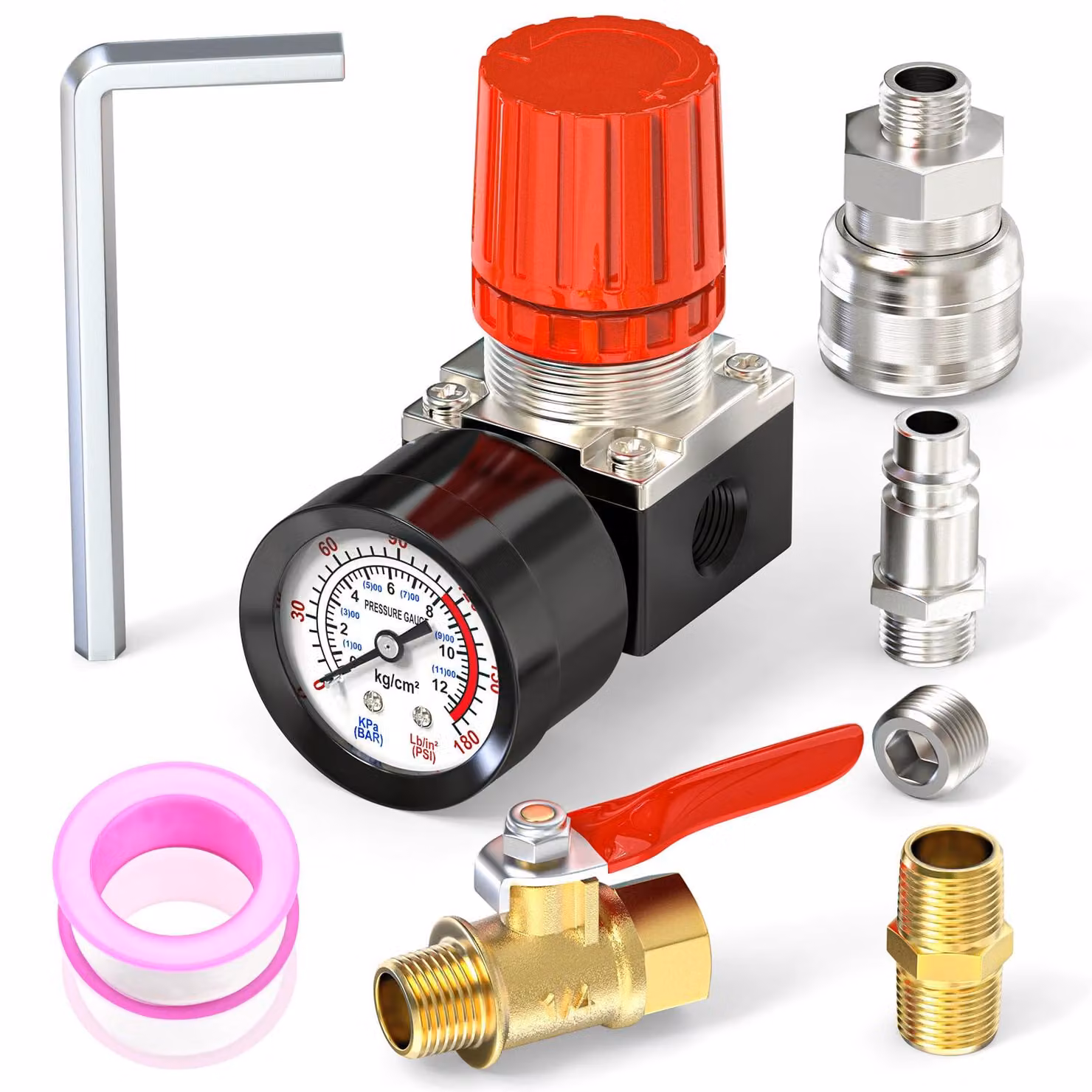 Regolatore per compressore d'aria con manometro, scala 0~12 BAR / 0~180 PSI
