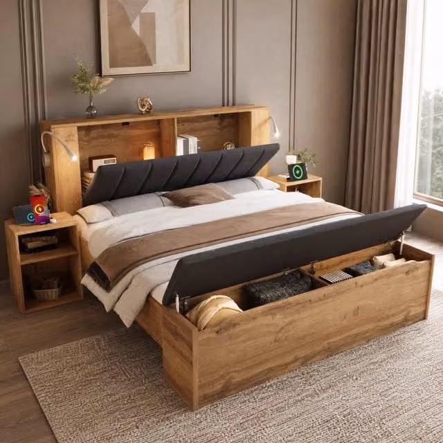 Letto matrimoniale 160x200 cm con testiera reclinabile; comodini; panca contenitore e lampade USB rovere