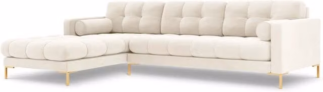 Divano angolare sinistro Bali di Cosmopolitan Design in velluto beige e oro con 5 posti e struttura in metallo
