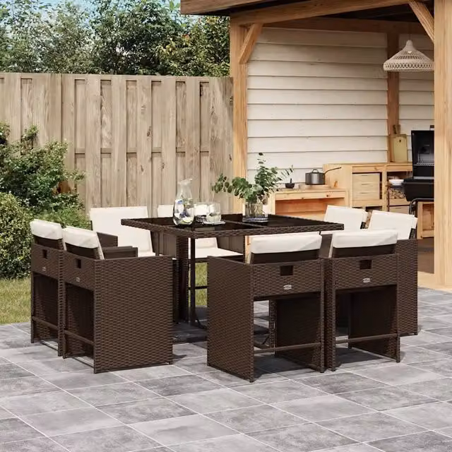 Set da Pranzo da Giardino 9pz con Cuscini Marrone in Polyrattan 3211197