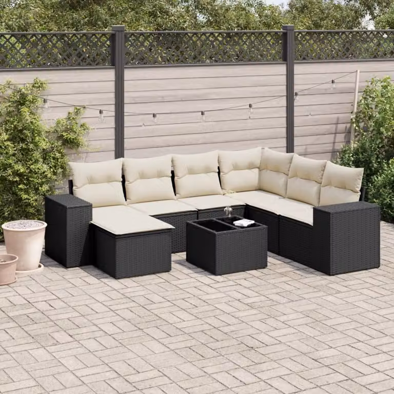 vidaXL Set Divani da Giardino a L con 8 Pezzi, Polyrattan Nero e Cuscini Imbottiti con Tavolino e Ottoman