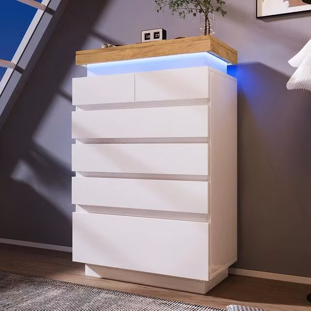 Commode Buffet in legno lucido - Xylo - 115x73x39 cm - Bianco - 6 cassetti, illuminazione LED (App Control)