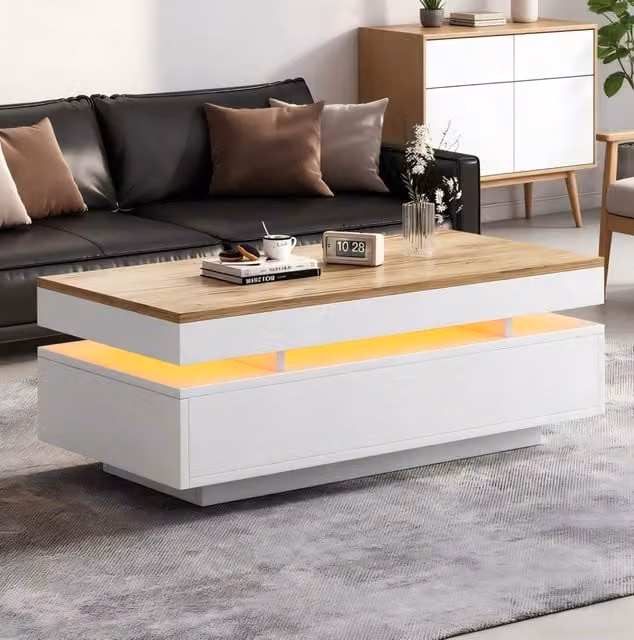 Tavolino da Salotto 100x50x35 cm con 2 Cassetti Tavolo Bianco Lucido e Legno con Illuminazione LED