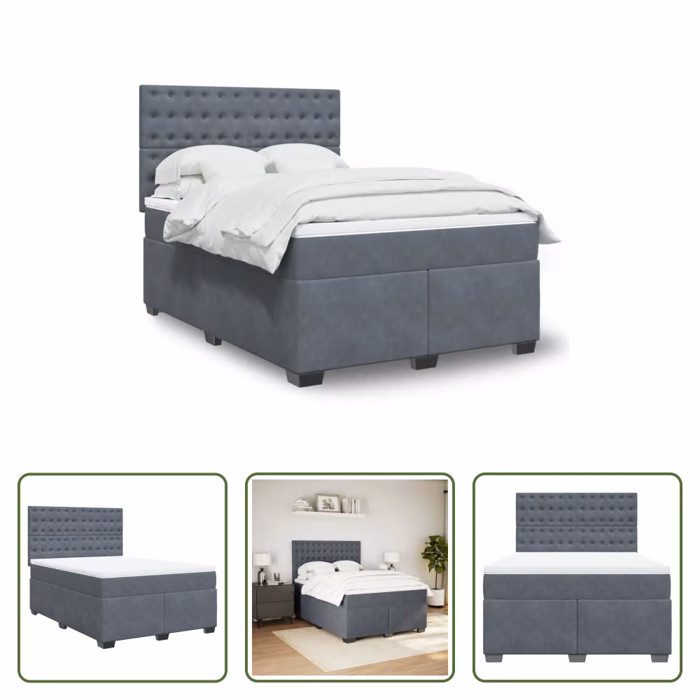 The Living Store Letto a molle con materasso grigio scuro 140x190 cm in velluto