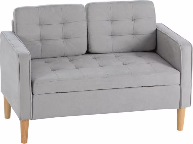 Divano 2 posti con contenitore e cuscini ¨C Minimal ¨C Legno massello, 117x62x78 cm, Grigio chiaro