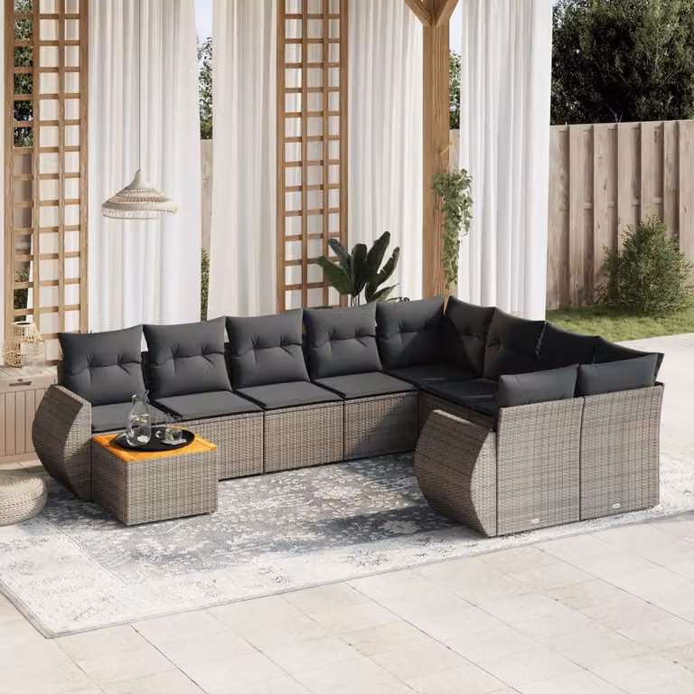 vidaXL Set Divano da Giardino 10 pz a Forma di L con Cuscini Grigio in Polyrattan e Legno di Acacia