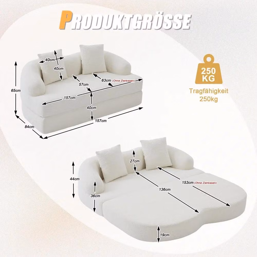 Divano 2 in 1 in microfibra - Divano letto 2 posti - Estensibile - Con 2 cuscini - Multifunzionale - Beige