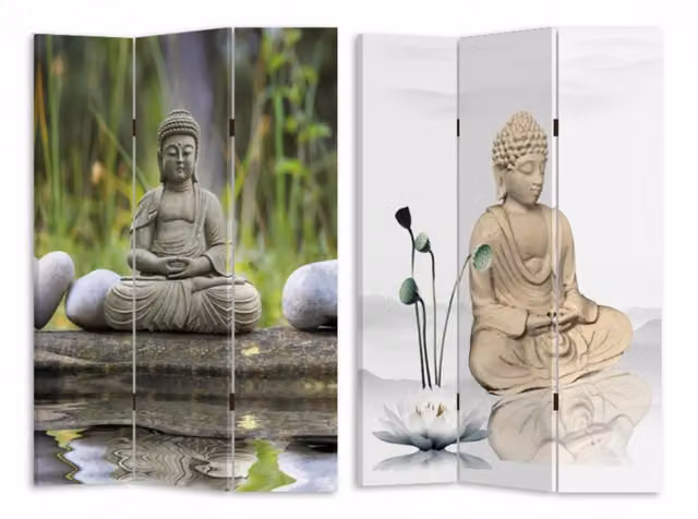 Paravento a 3 ante con stampa Buddha in legno multicolore e verde stile ethnic VACCHETTI L: 120,6 cm, P: 2,5 cm, H: 180 cm