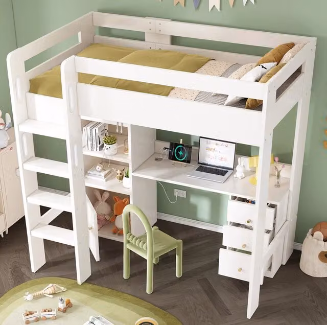 Letto a soppalco multifunzione con scrivania, porta USB, cassetti e scala, colore bianco, L: 206 cm, P: 120 cm, H: 175 cm