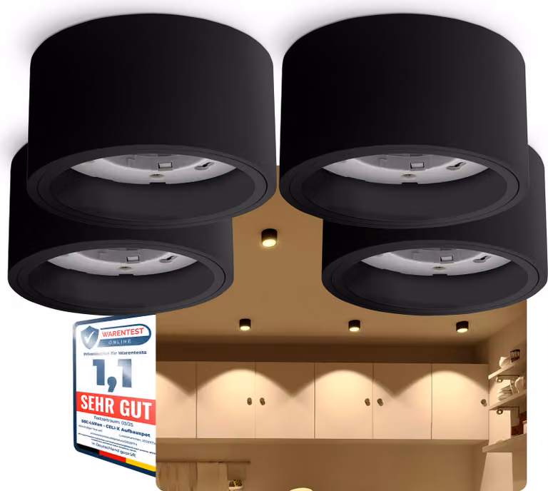 SSC-LUXon Set di 4 faretti da superficie CELI-X presa extra piatta per GX53 - Faretto da superficie per soffitto nero rotondo (senza lampadina)