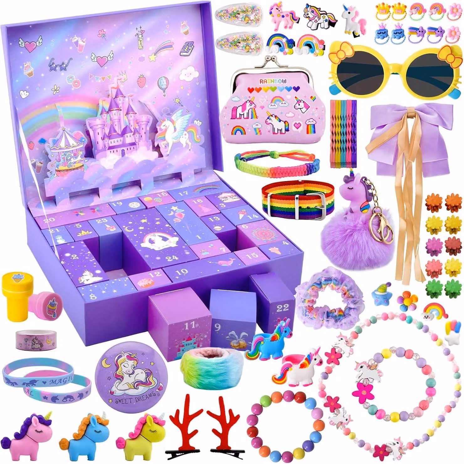 Calendario dell'Avvento 2026 - Per bambine - Calendario per contare i giorni fino a Natale - 24 giorni - Regali a tema unicorno per bambini - Adatto a bambine - Include accessori per capelli