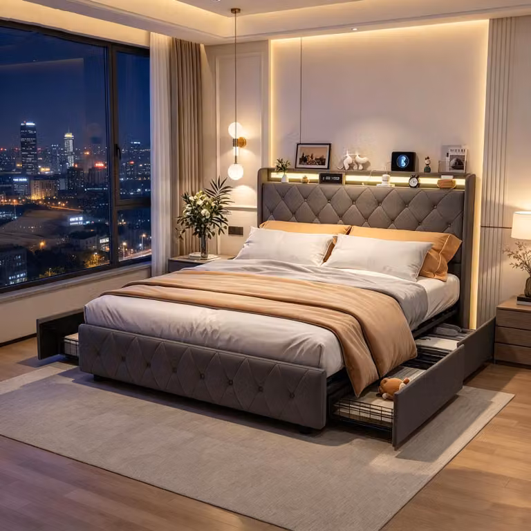 Letto matrimoniale con boxspring, imbottito, 160x200 cm, con LED e porte USB/C, dotato di 4 cassetti e rete a doghe, struttura letto con testiera contenitore, rivestito in velluto grigio