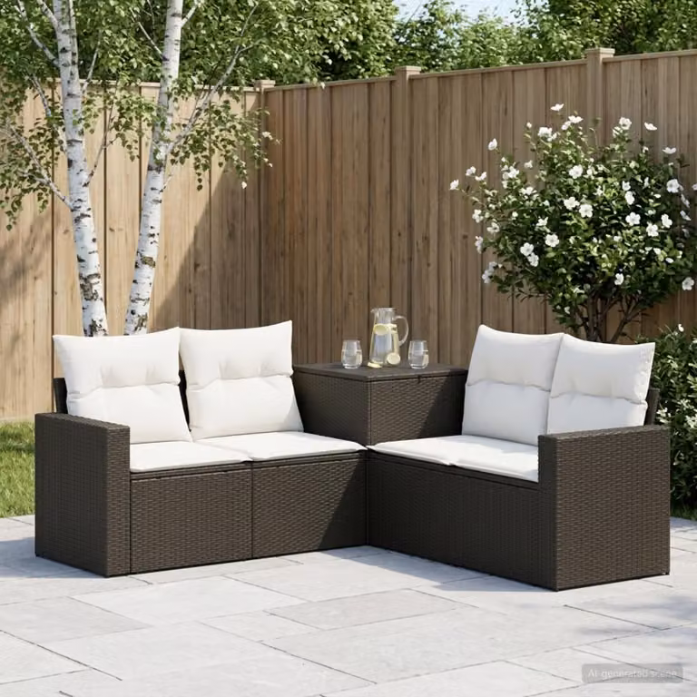 Set di divani da giardino vidaXL in polyrattan nero e bianco con cuscini inclusi e struttura in metallo