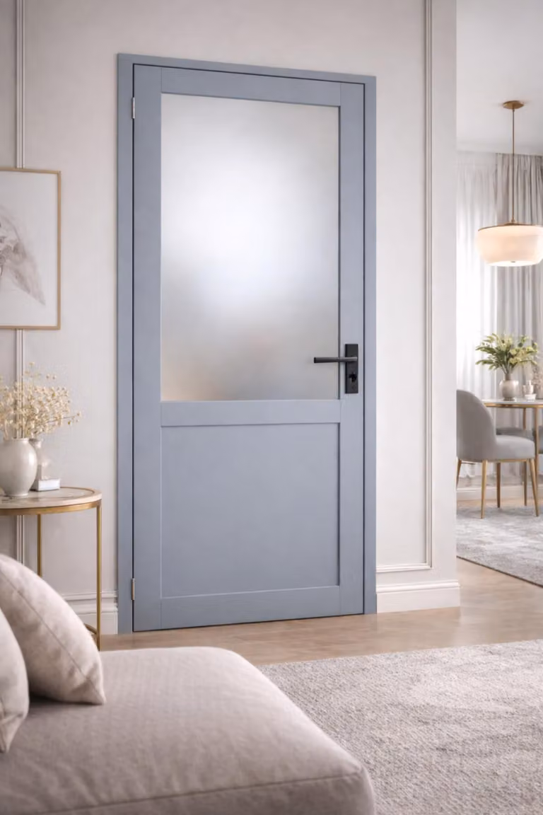 Bloc Porta Athena Grigio Chiaro Vetrata H204 x L83 cm, lato tavola P. destra, maniglia GD MENUISERIES