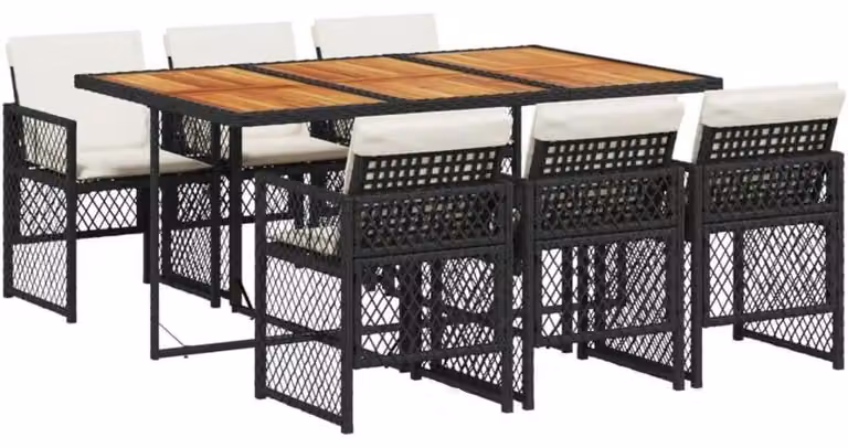 Set da pranzo per esterno, composto da 7 pezzi: tavolo, 6 sedie e cuscini, realizzato in rattan sintetico nero/crema