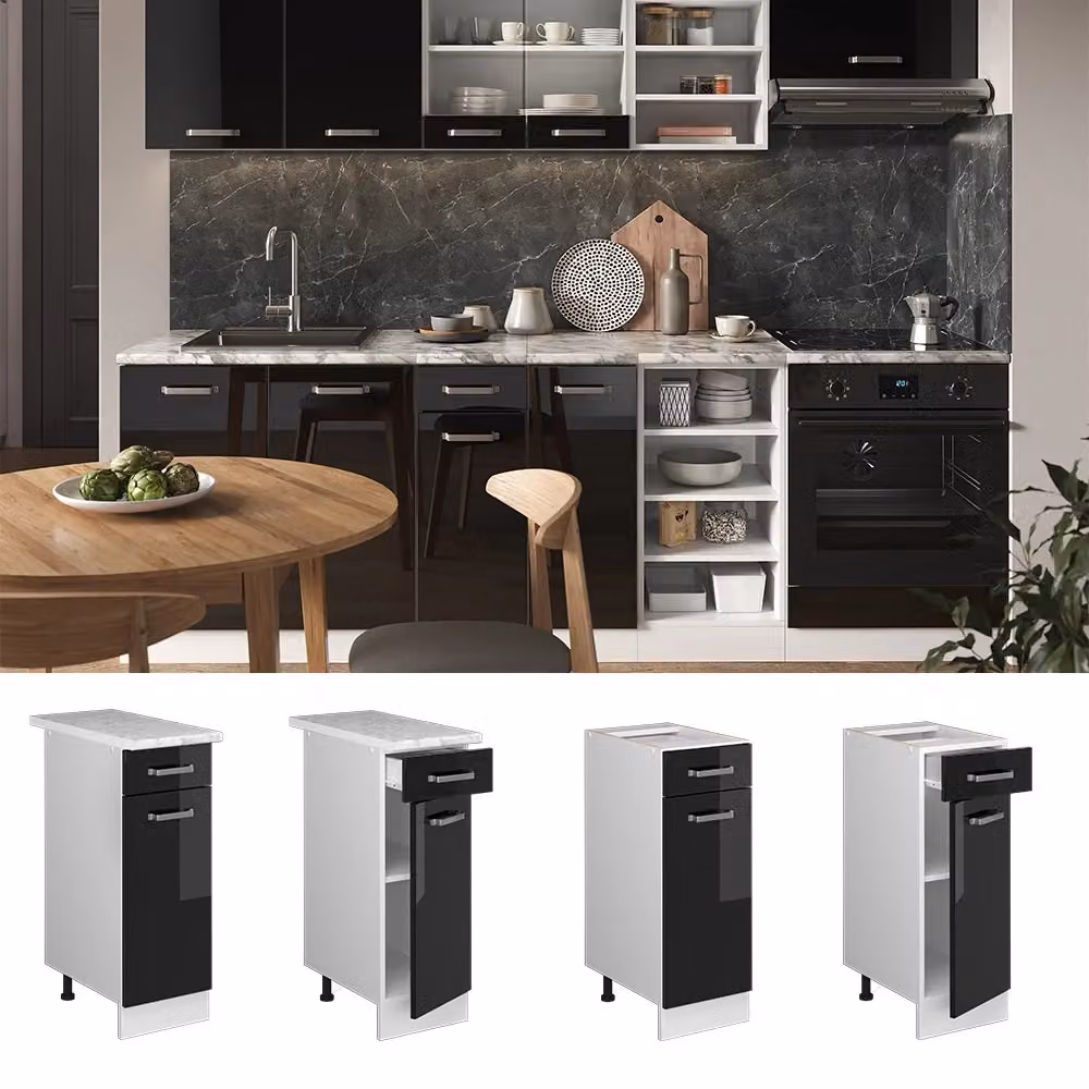 Mobiletto base per cucina Vicco R-Line Nero lucido e Bianco con PL Antracite, L: 30 cm, H: 81,6 cm, P: 60 cm – 2