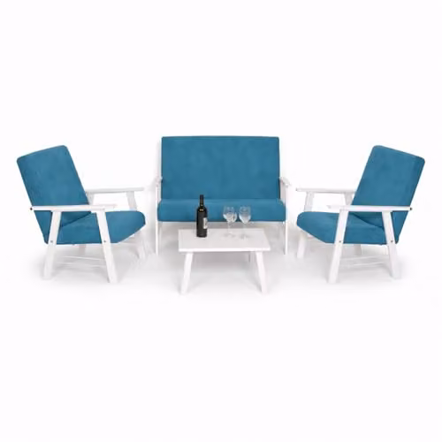 MA MAISON Set Salottino da Giardino in Legno Bianco - Divano, Poltrone, Tavolo, in Tessuto, Imbottito, Braccioli, da Arredo, per Soggiorno, Terrazza, Resistente, Moderna - Made in Italy (Petrolio)