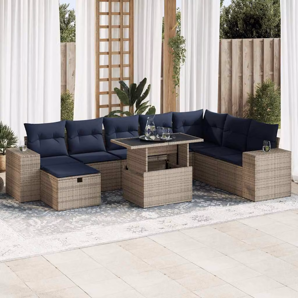 Set di divani da giardino vidaXL 9 pz con cuscini marrone in rattan e struttura in metallo con tavolo da caffè e pouf