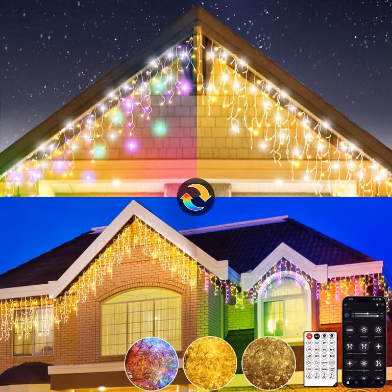 5m Tendine Luminosa LED，200 LED Multicolore Tendine a Ghiacciolo con Telecomando e App，17 Modalità, 4 Livelli Luminosi per Natale