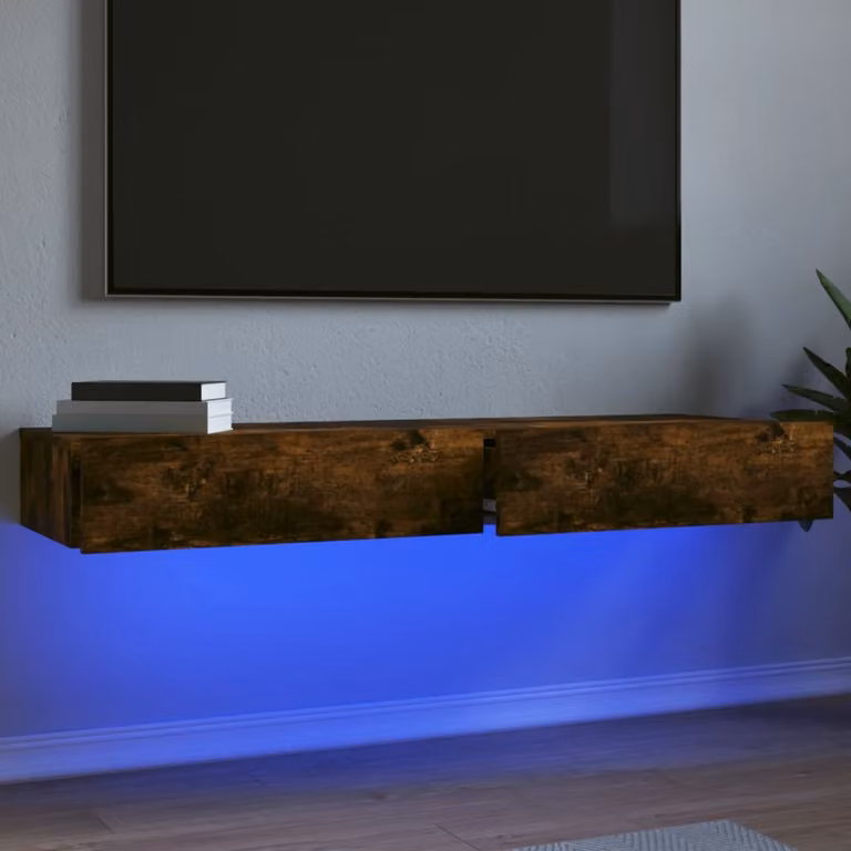 Set di 2 mobili porta TV moderni vidaXL con luci LED integrate in legno Rovere Fumo marrone L: 60 cm, P: 35 cm, H: 15,5 cm